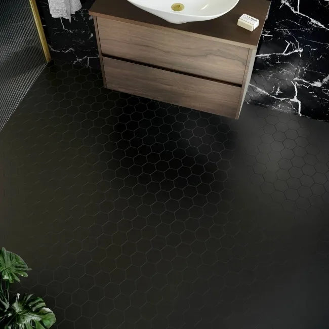 Black hexagon mosaic bathroom floor tiles 
