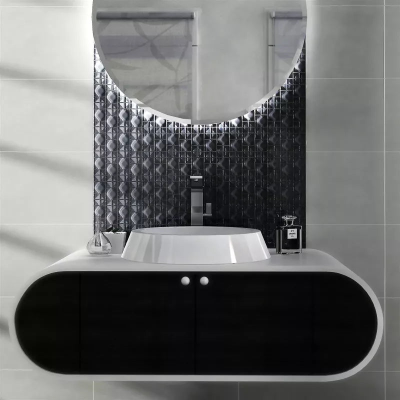 black glass bathroom wall splashback 