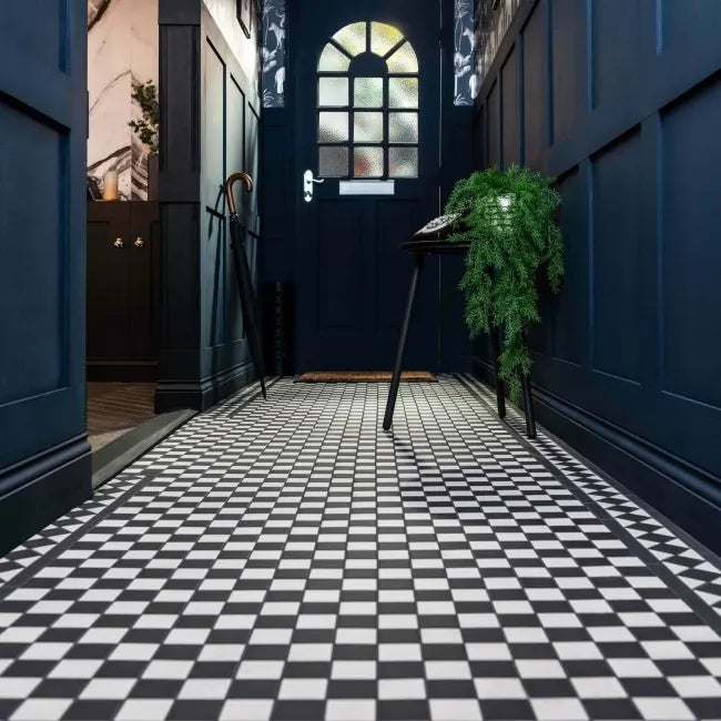 black and white hallway floor 