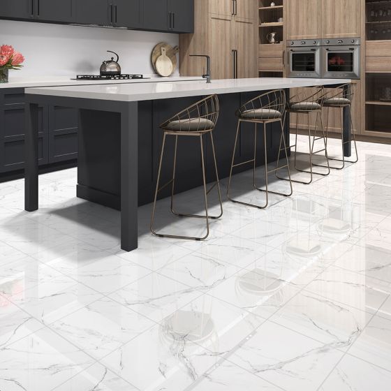 white glossy kitchen floor tile 