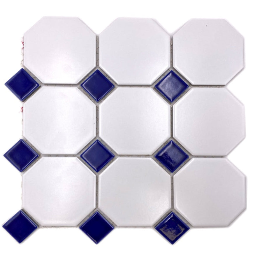 white and blue porcelain floor mosaic  