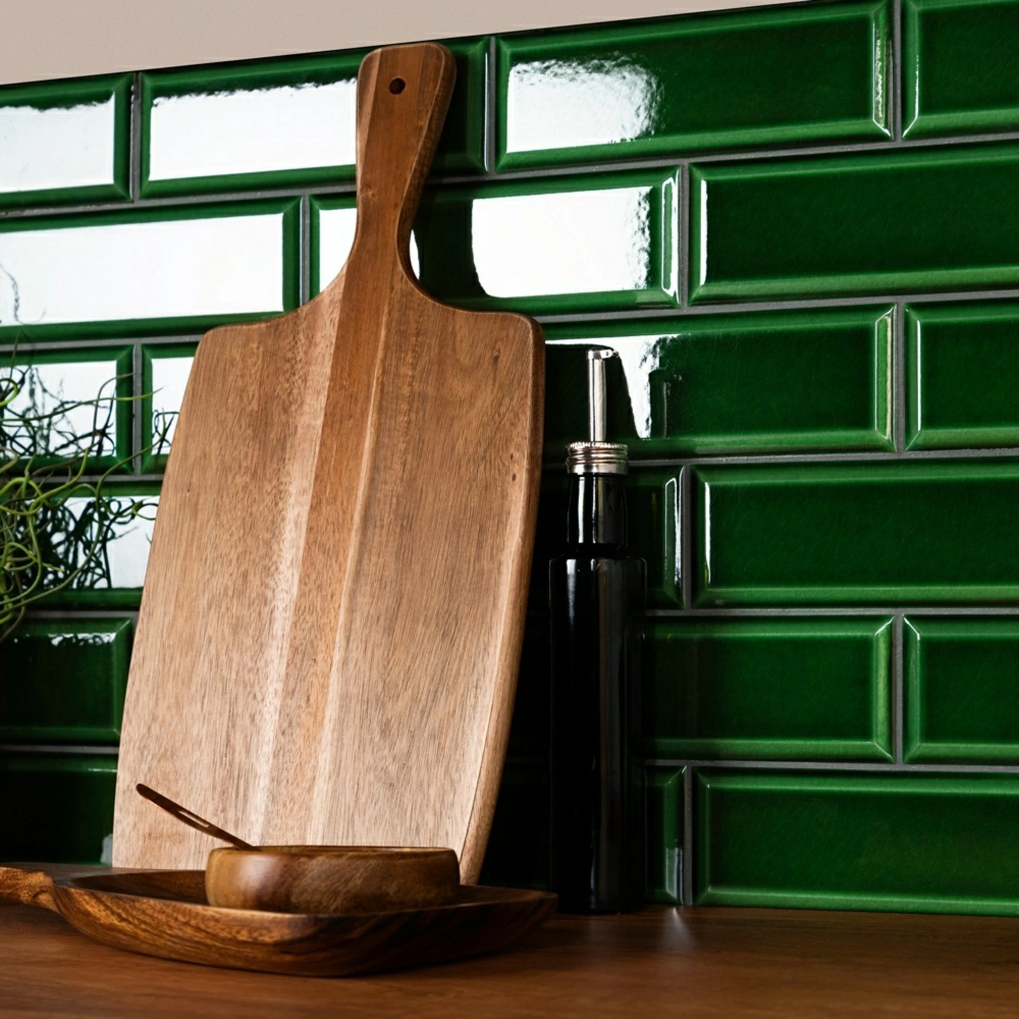  green tiled wall in the kitchen 