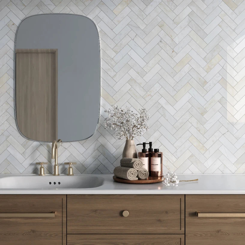Calacatta Bone - Marble Herringbone Mosaic Honed bathroom setting 
