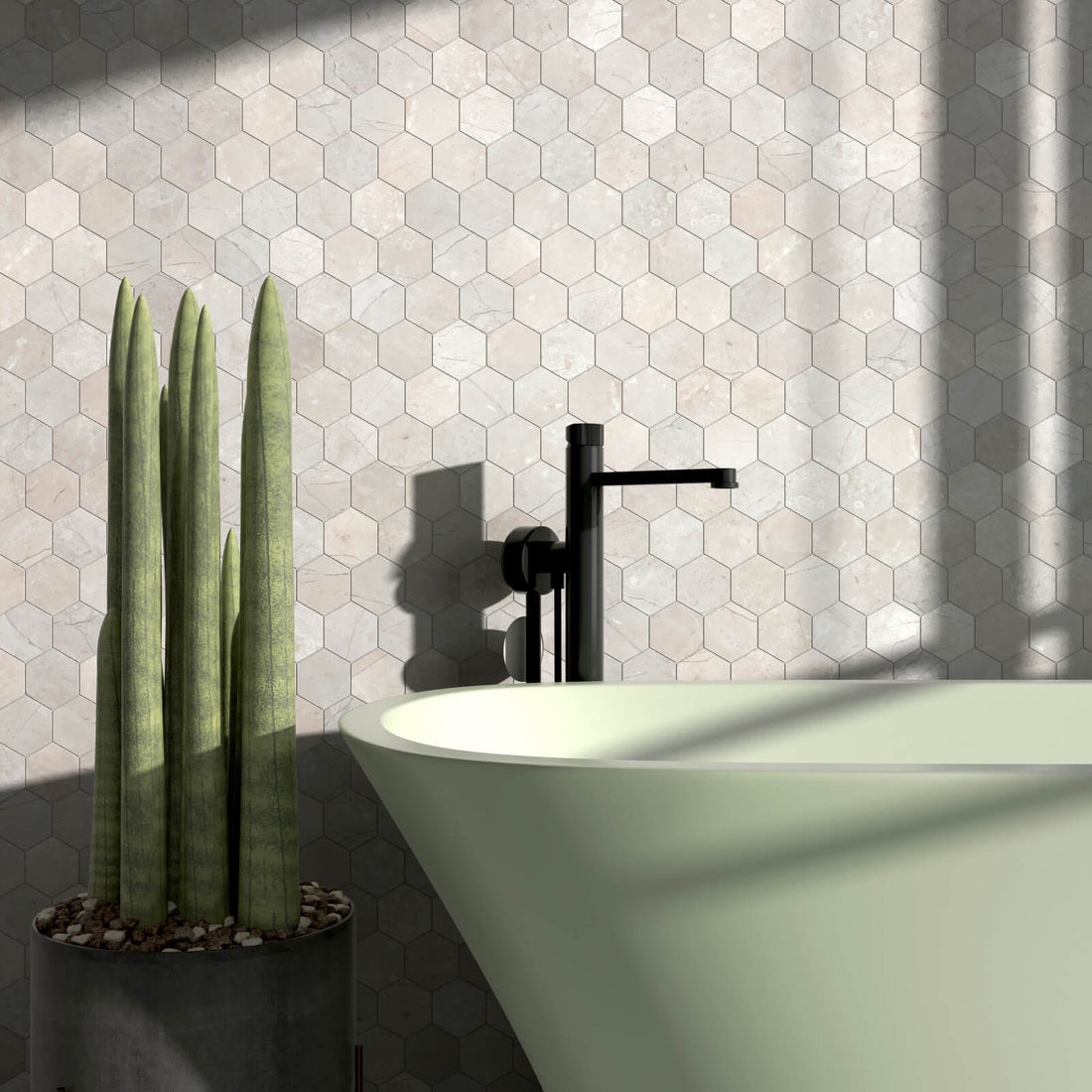 Calacatta Bone honed marble hexagon mosaic tile in beige natural stone