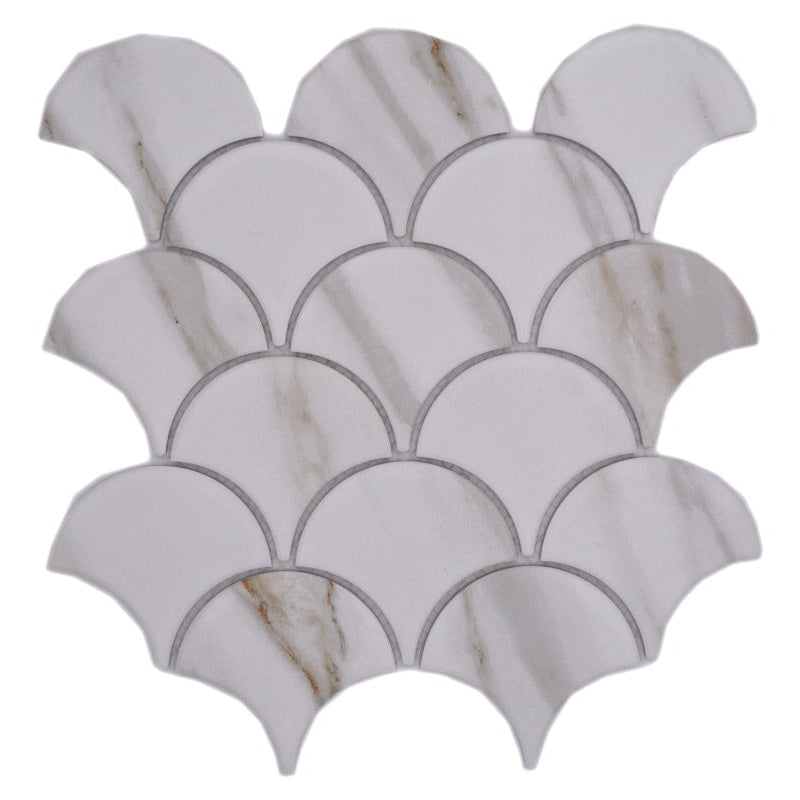 Top view of Calacatta Gold scallop fan mosaic tile sheet in white marble effect ceramic with matt finish