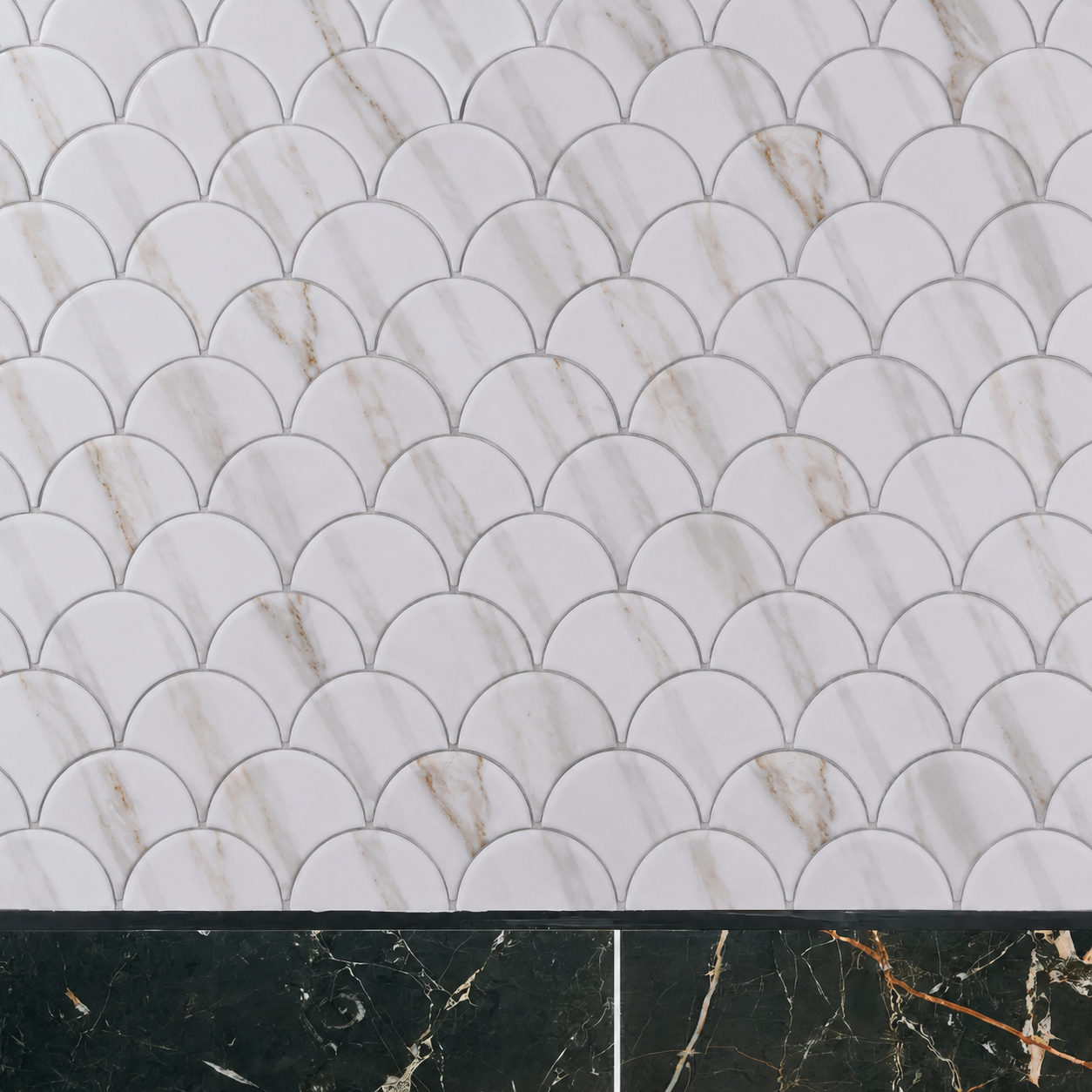 gold marble effect fan mosaic on bathroom wall 