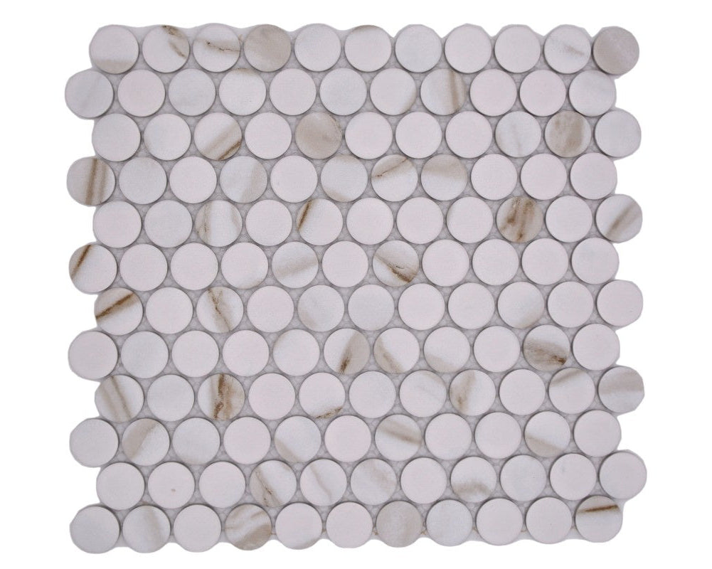 Roma Calacatta White Penny Mosaic 312 x 330 mm - Luxury Tiles UK