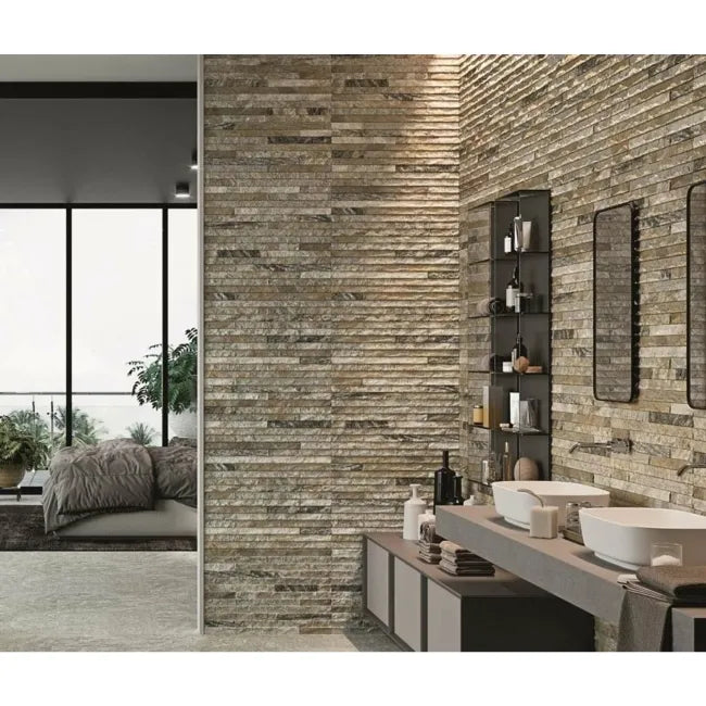 beige brown splitface bathroom decor