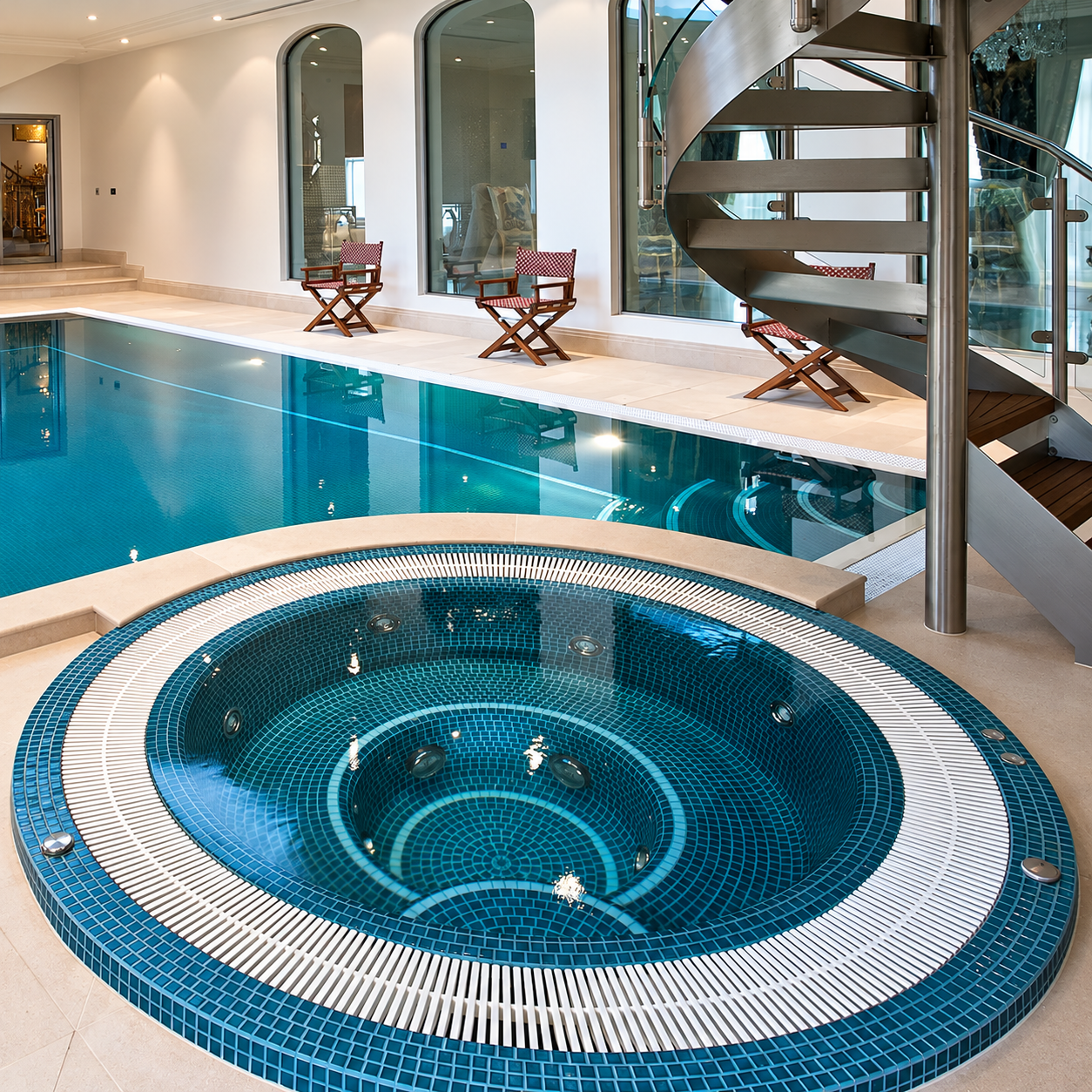 Baltic blue mosaic tiles lining a circular spa and indoor swimming pool beside cream paving and a steel spiral staircase.
