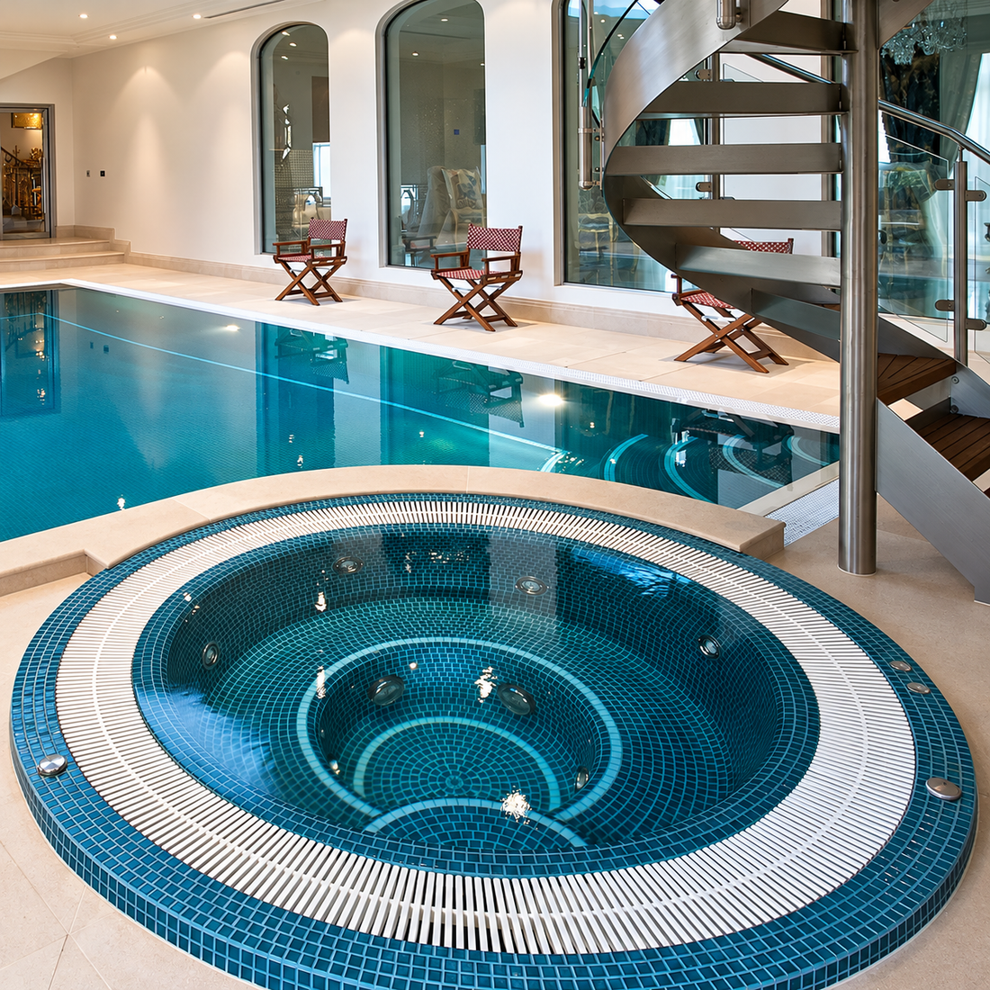 Baltic blue mosaic tiles lining a circular spa and indoor swimming pool beside cream paving and a steel spiral staircase.