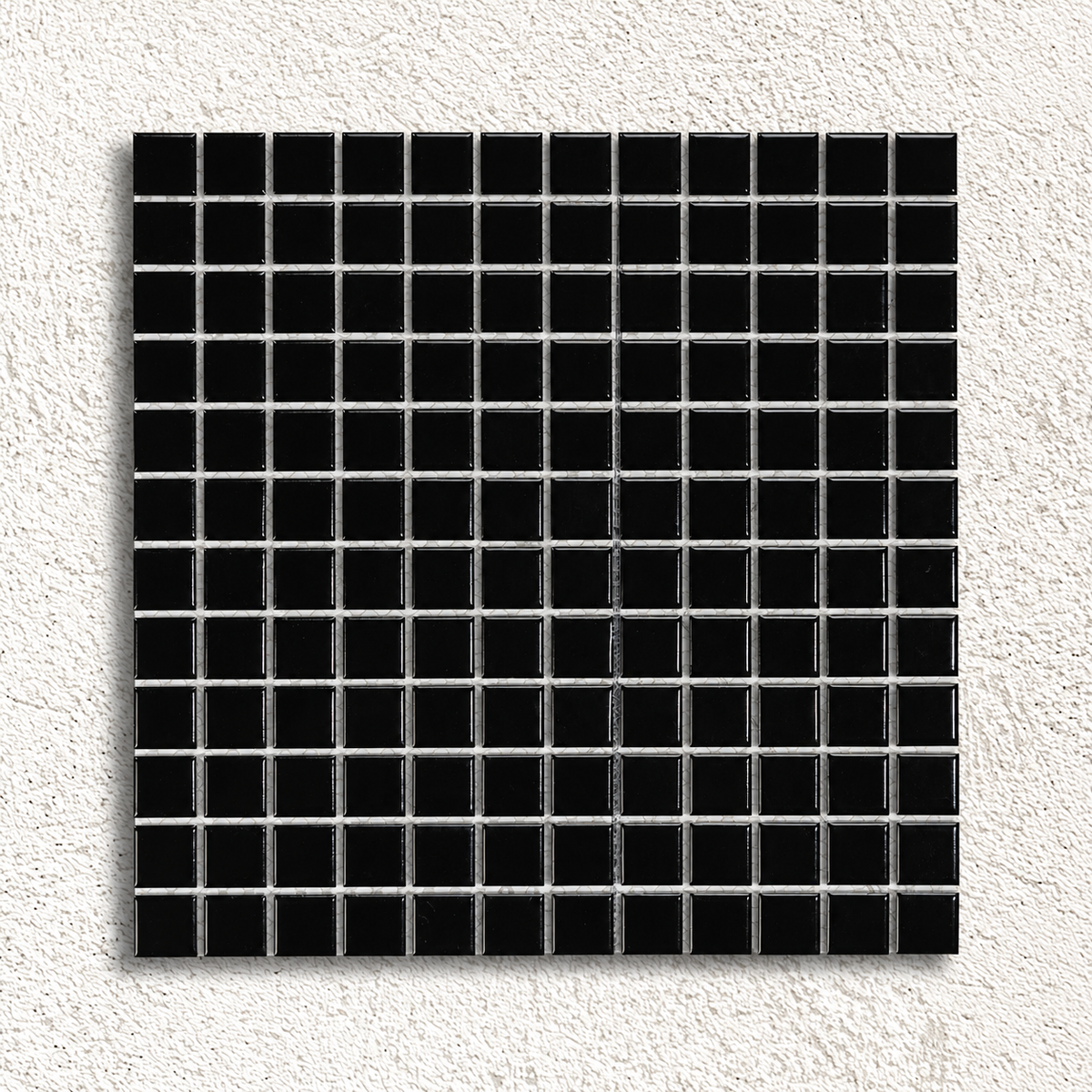 Ceramic Pool Gloss Black Mosaic Tiles showing glossy 23 × 23mm black porcelain squares on a mesh-backed sheet.