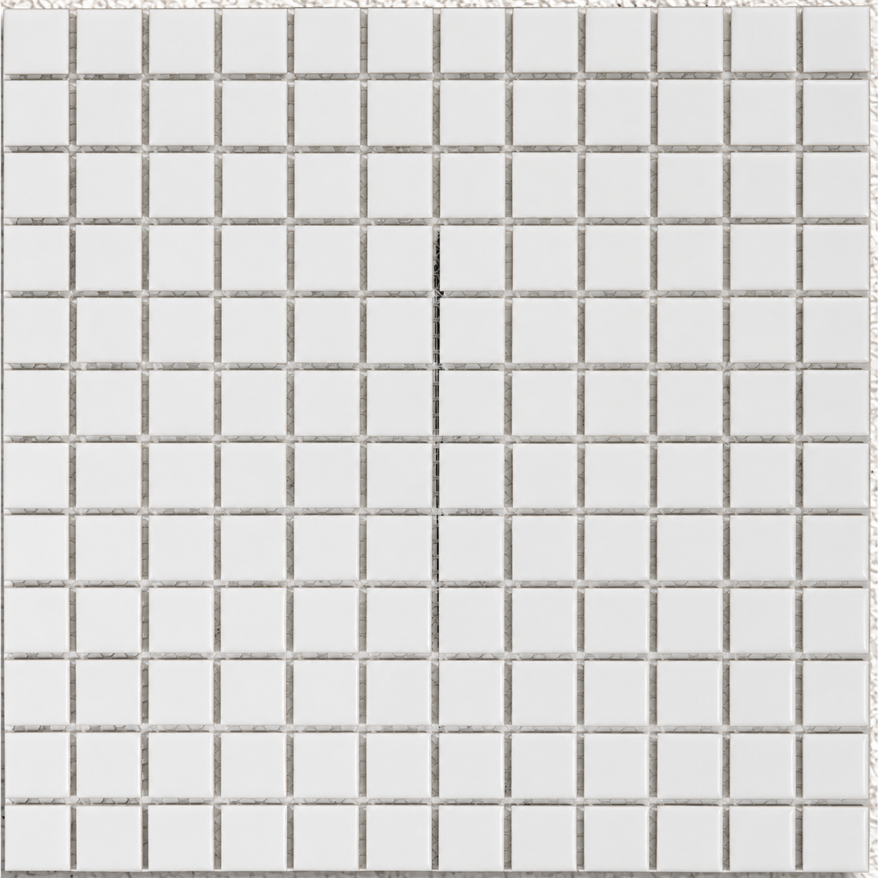 Ceramic Pool Gloss White Mosaic Tile showing 23 × 23mm glazed porcelain squares on a mesh-backed sheet.