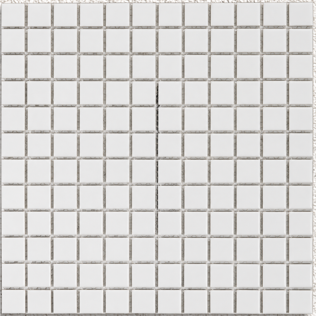 Ceramic Pool Gloss White Mosaic Tile showing 23 × 23mm glazed porcelain squares on a mesh-backed sheet.