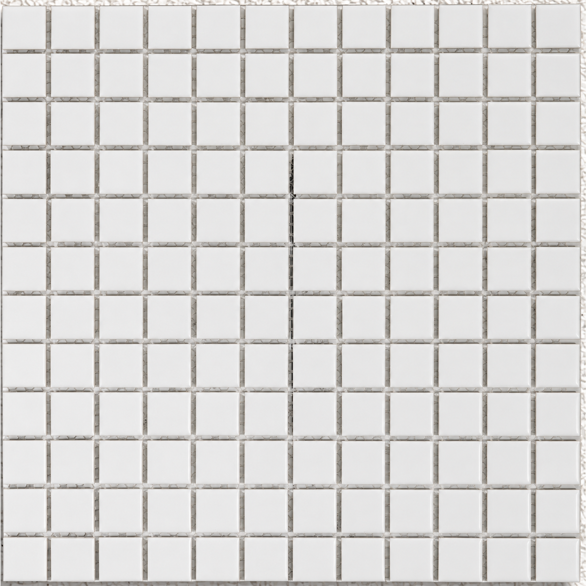 Ceramic Pool Gloss White Mosaic Tile showing 23 × 23mm glazed porcelain squares on a mesh-backed sheet.