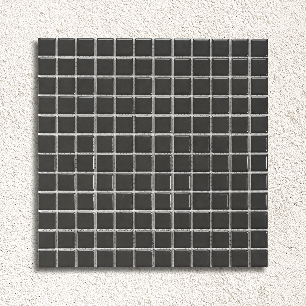 Ceramic Pool Gunmetal Grey Mosaic Tile sheet featuring glossy 23 × 23mm dark grey porcelain squares with visible mesh backing.