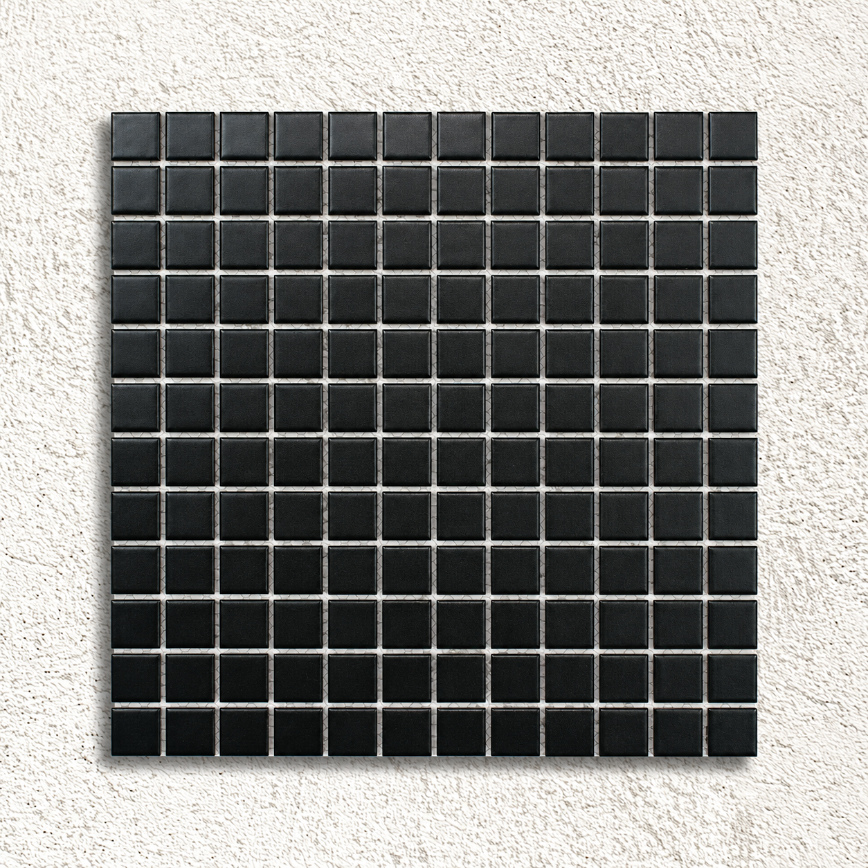 Ceramic Pool Matt Black Mosaic Tiles with 23mm square matt porcelain chips on a 30 × 30cm mesh-backed sheet.