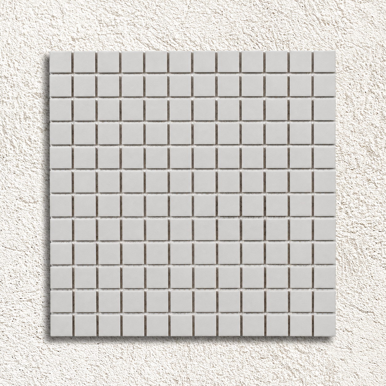 Ceramic Pool Matt White Mosaic Tile sheet showing soft white 23mm porcelain squares with a matt finish on a textured white background.
