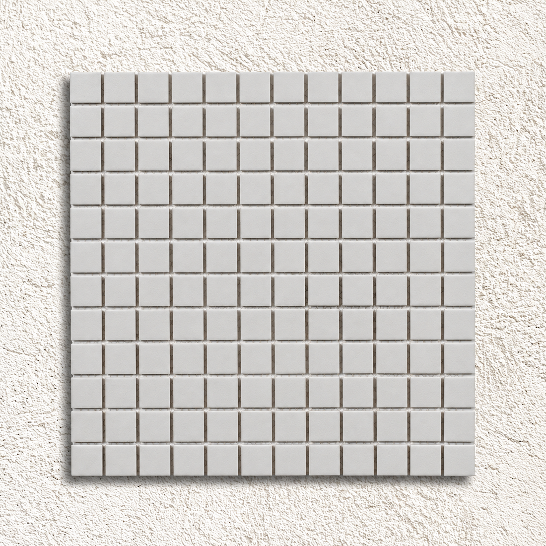 Ceramic Pool Matt White Mosaic Tile sheet showing soft white 23mm porcelain squares with a matt finish on a textured white background.