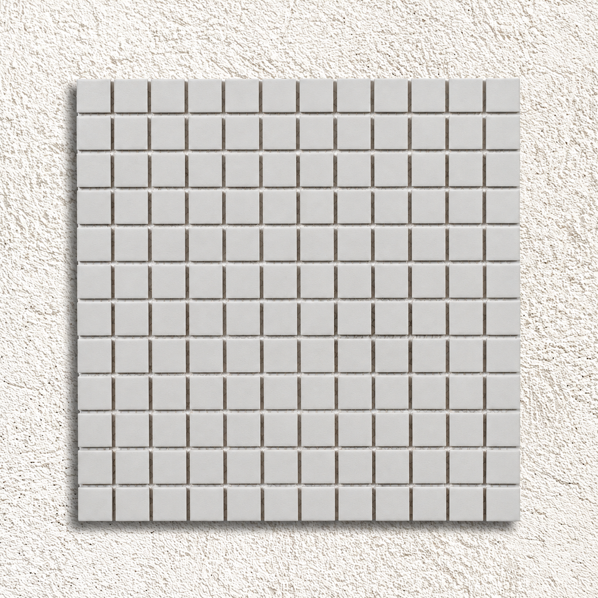 Ceramic Pool Matt White Mosaic Tile sheet showing soft white 23mm porcelain squares with a matt finish on a textured white background.