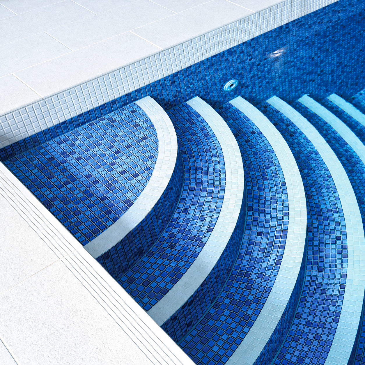 Ceramic Pool Mediterranean Mosaic Tile sheet featuring glossy 23 × 23mm squares in pale blue, aqua and deeper blue.