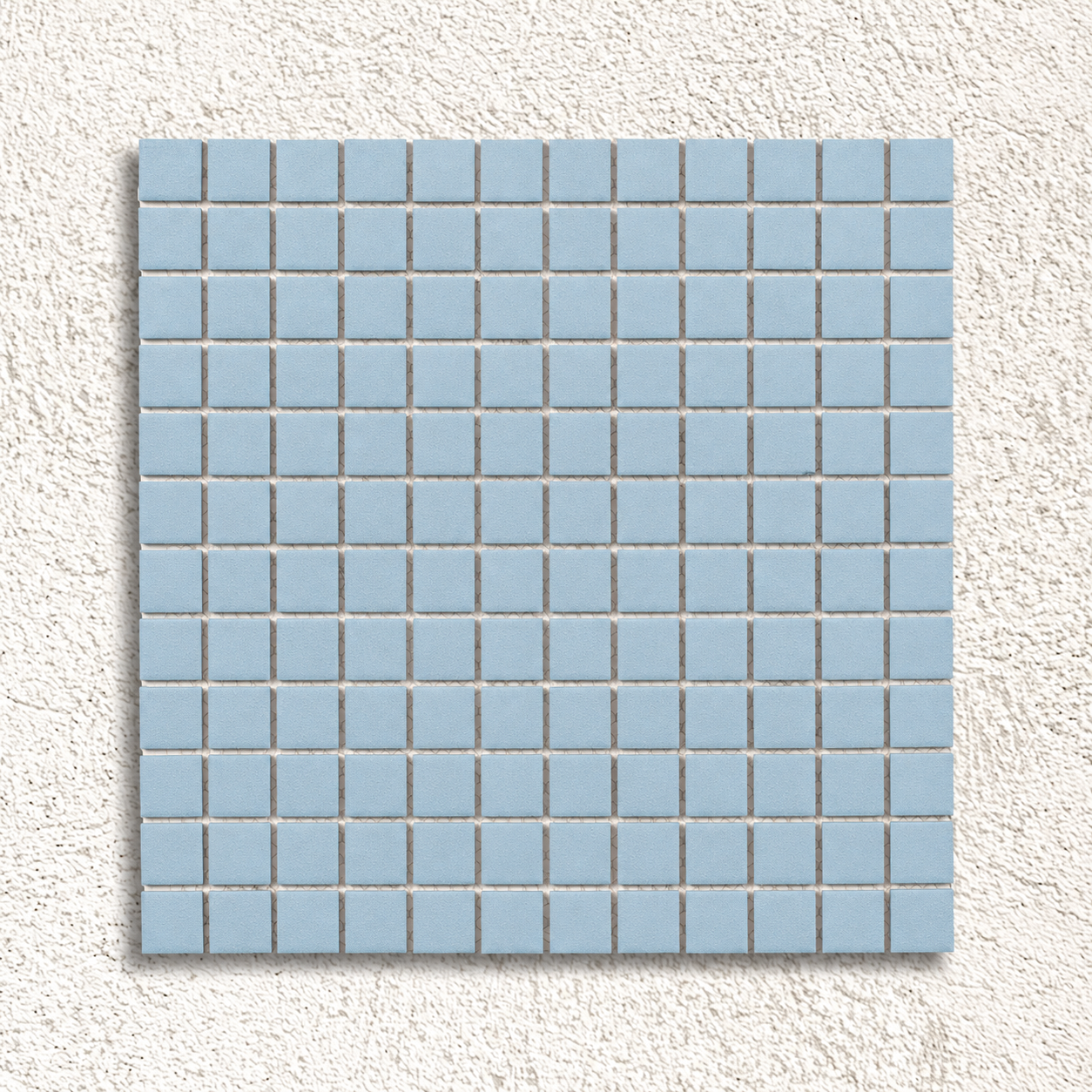Ceramic Pool Sky Blue Anti-Slip Mosaic Tile sheet showing pale blue 23mm porcelain squares with a textured matt finish against a white background.