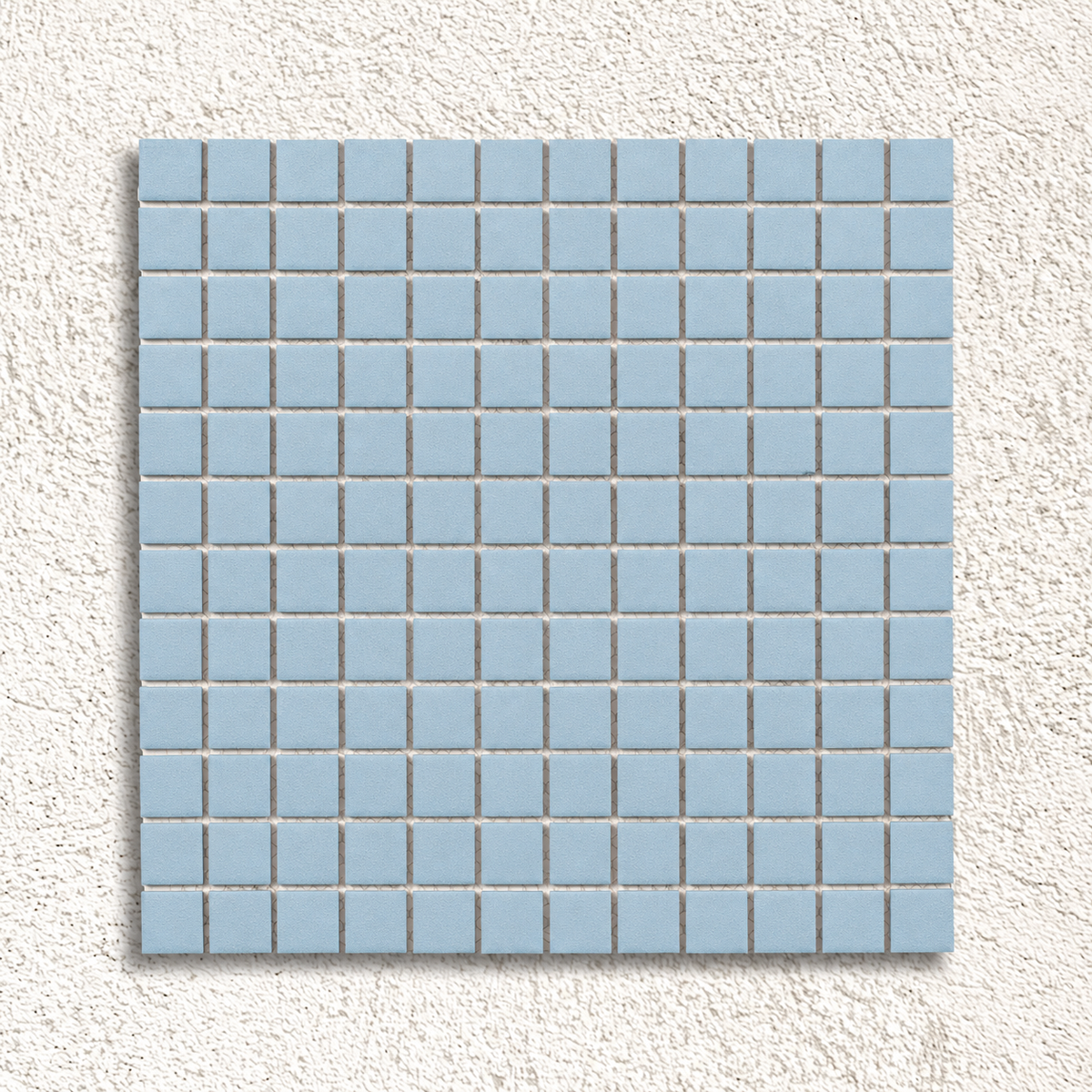 Ceramic Pool Sky Blue Anti-Slip Mosaic Tile sheet showing pale blue 23mm porcelain squares with a textured matt finish against a white background.