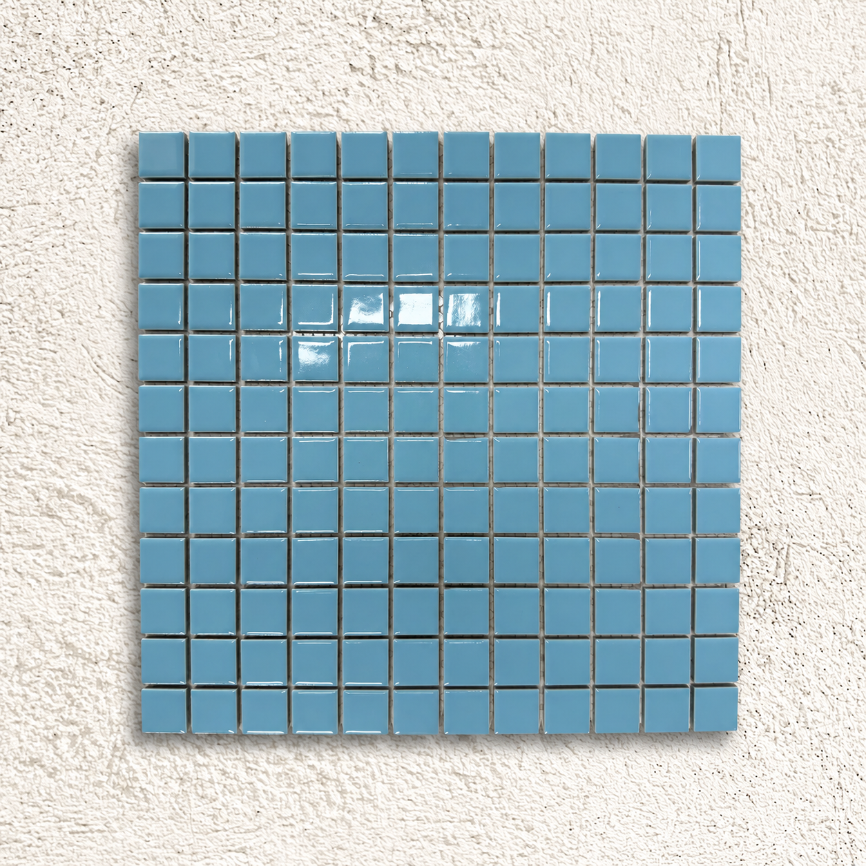 Ceramic Pool Sky Blue Mosaic Tiles showing glossy 23 × 23mm porcelain squares on a mesh-backed sheet.