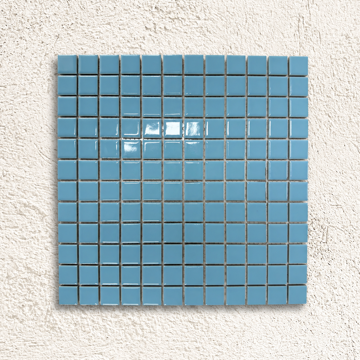 Ceramic Pool Sky Blue Mosaic Tiles showing glossy 23 × 23mm porcelain squares on a mesh-backed sheet.