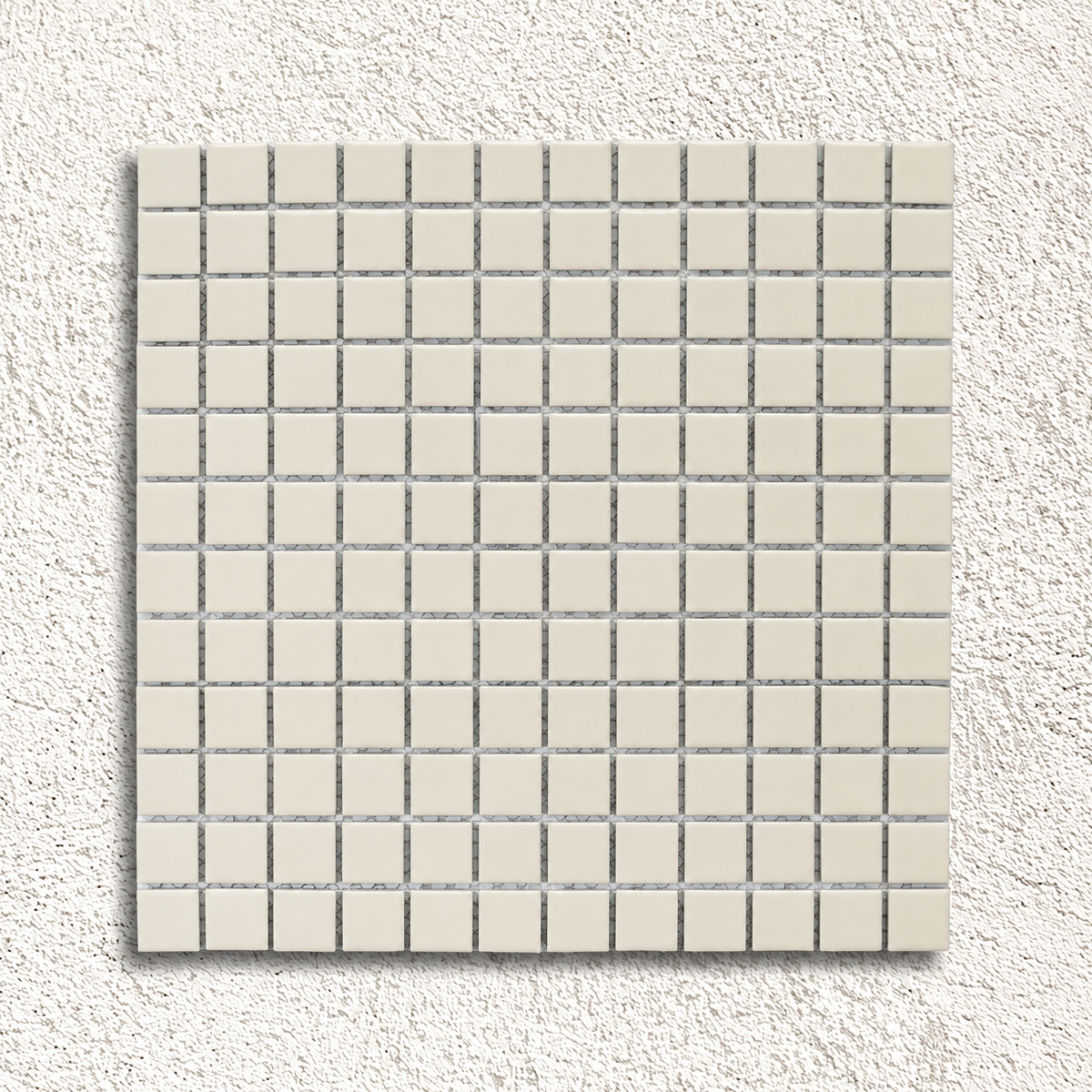 Ceramic Pool Unglazed White Mosaic Tile sheet with soft white 23mm matt porcelain squares and visible mesh backing against a textured white background.