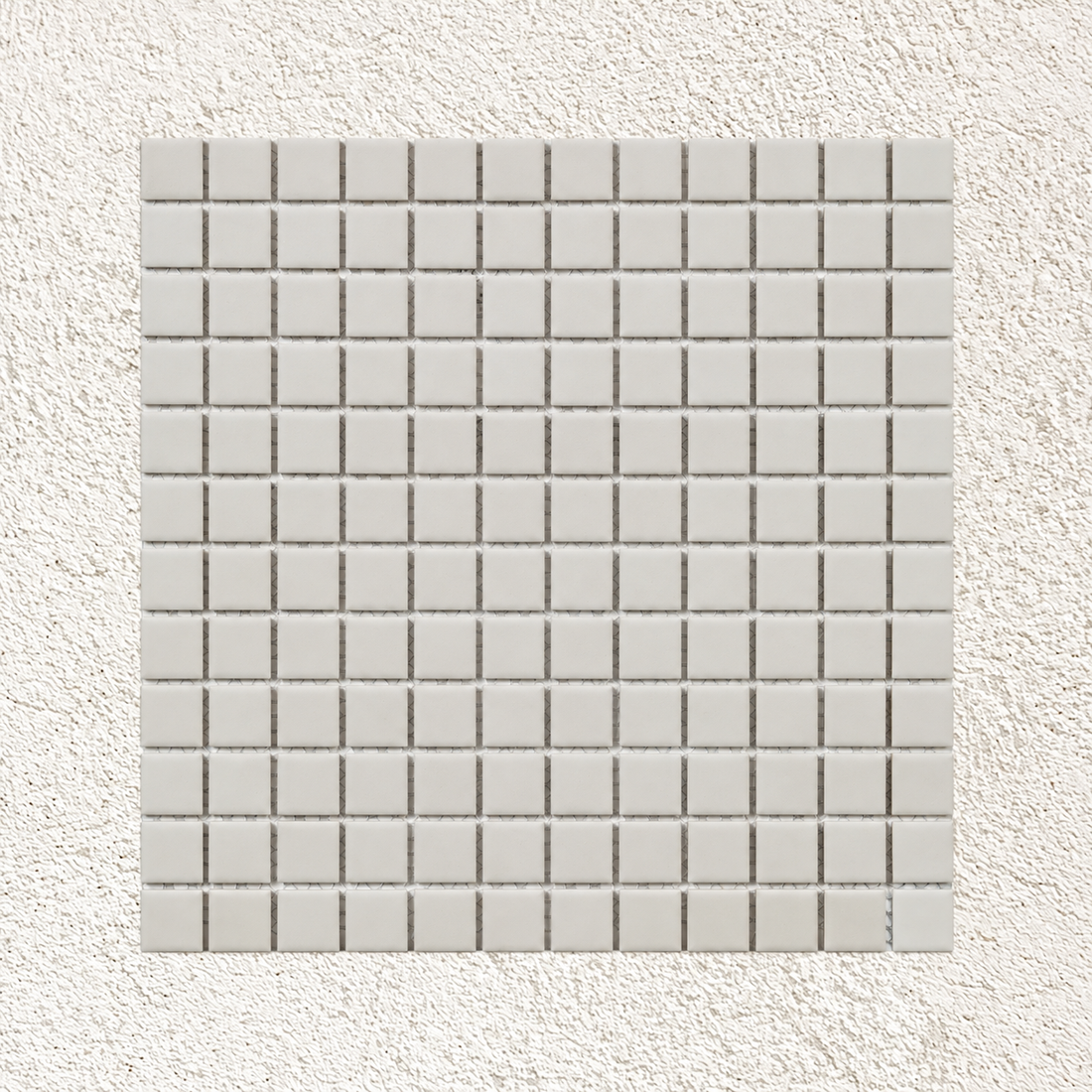 Ceramic Pool White Anti-Slip Mosaic Tile sheet with matt white 23 × 23mm porcelain squares and visible mesh backing.