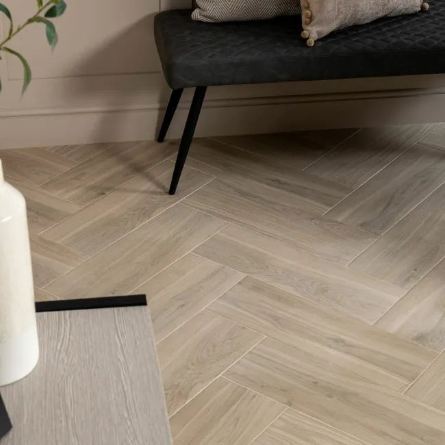 Château Beige Oak Herringbone Wood Effect Porcelain Tile