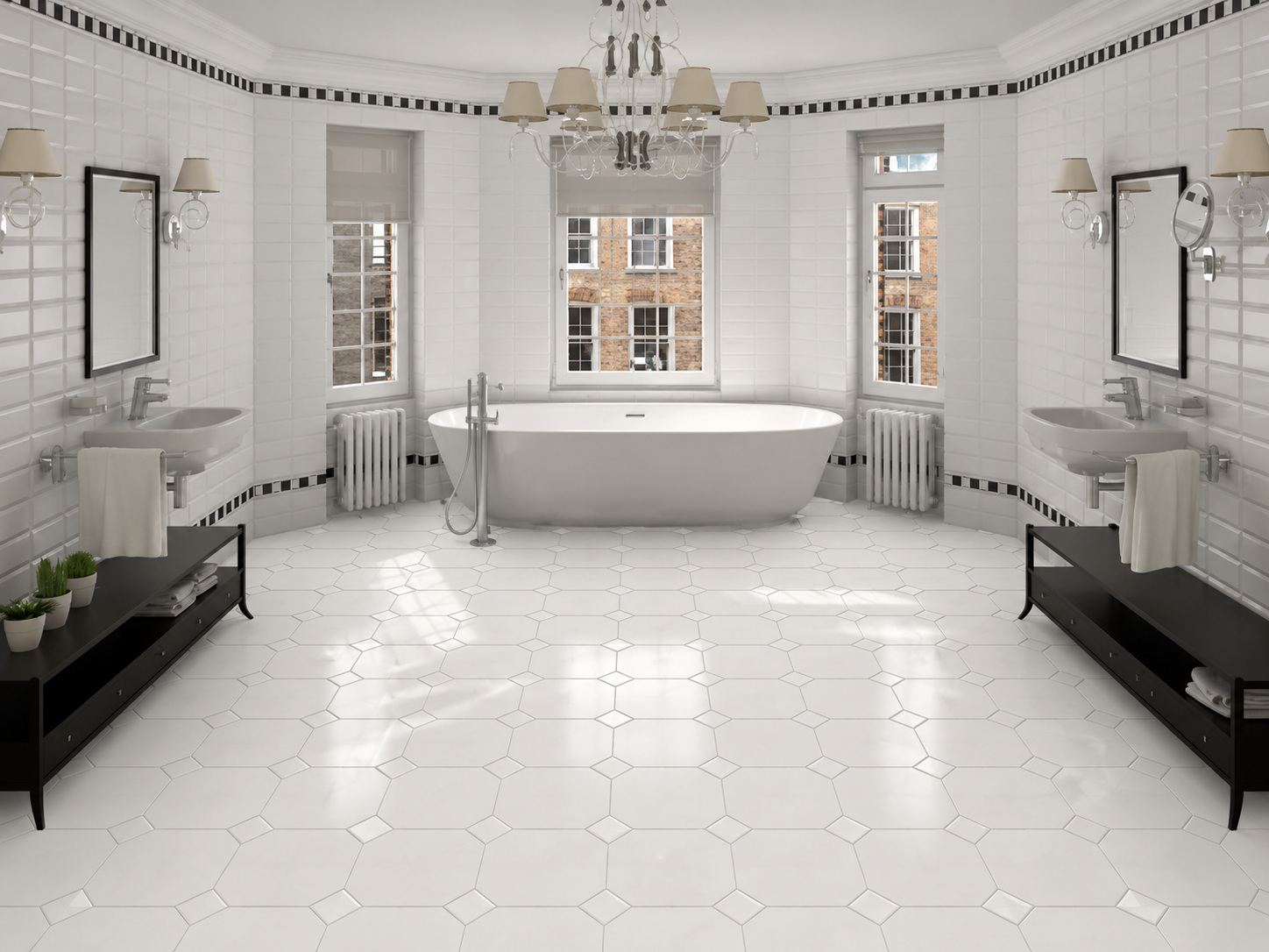 White octagon porcelain floor tiles with white cabochon inserts installed in a bright Victorian-style bathroom with a satin ceramic finish.