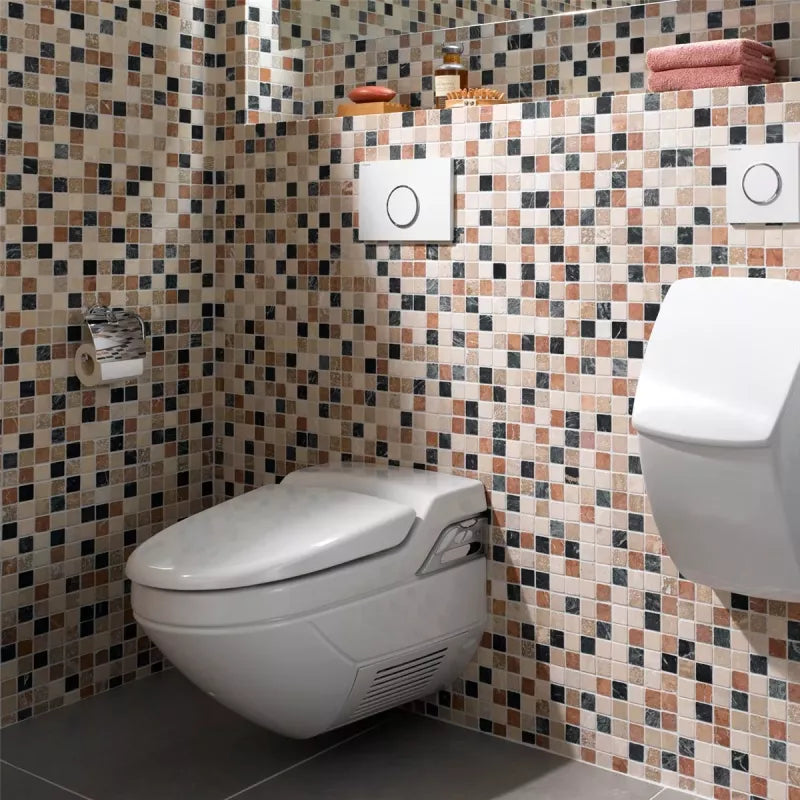 Chateau Tumbled Marble Checkerboard Mosaic Tile in green, terracotta, beige and natural stone tones