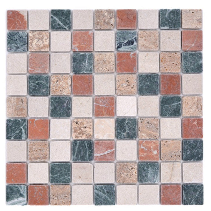 Green, terracotta and beige marble mosaic tile sheet with square tumbled stone pieces