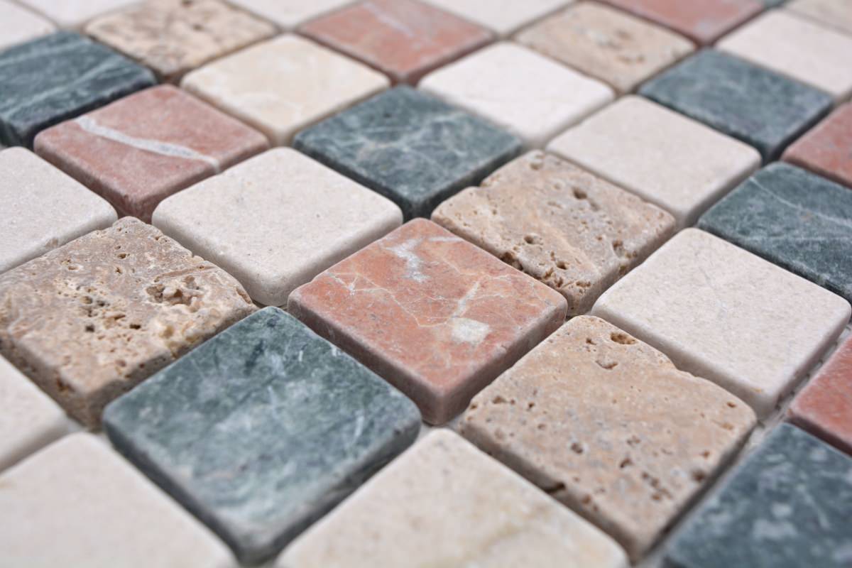Chateau marble checkerboard mosaic tile showing mixed natural stone colours on mesh backing