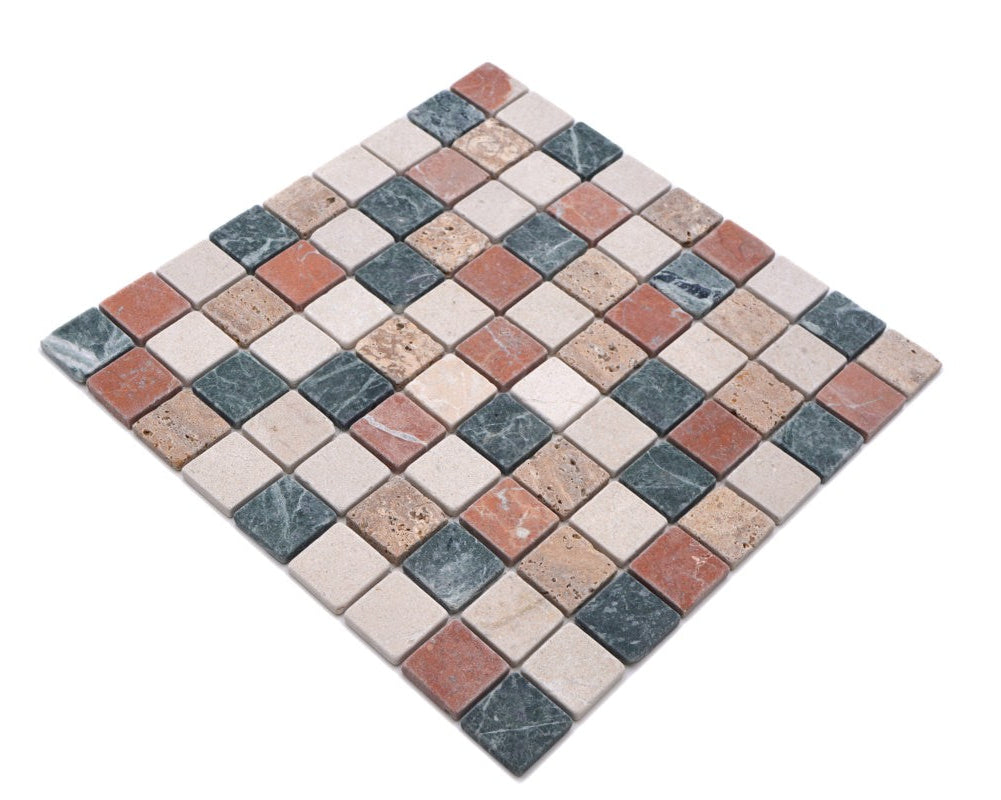 Tumbled marble mosaic tile with multicoloured square stones for walls and floors