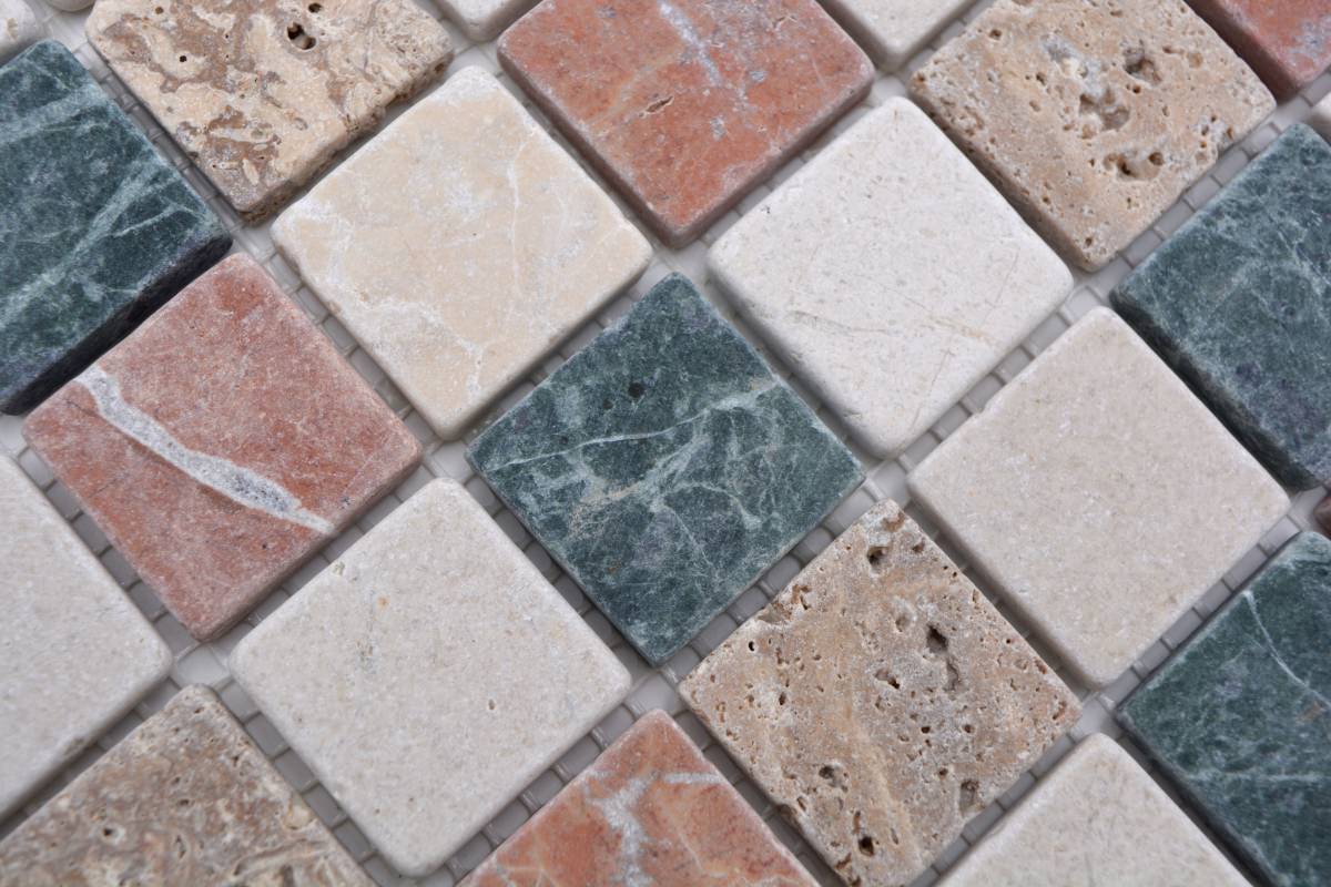 Rustic marble checkerboard mosaic tile in earthy green, red and beige tones
