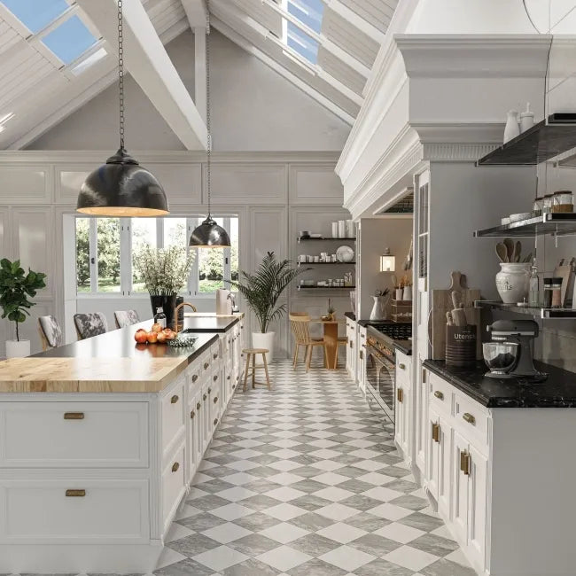 Grey checkered kitchen floor