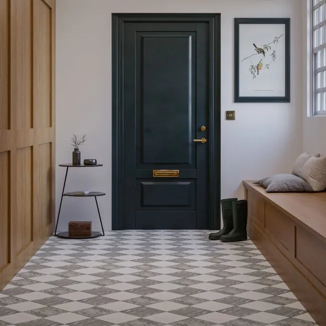 Grey white hallway tiles 