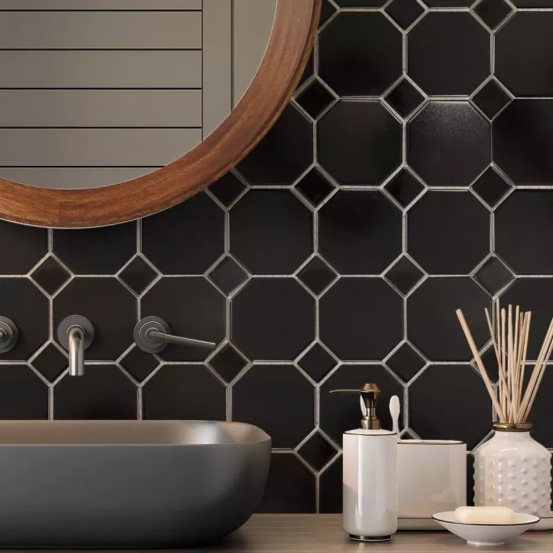 Black octagon bathroom splashback 