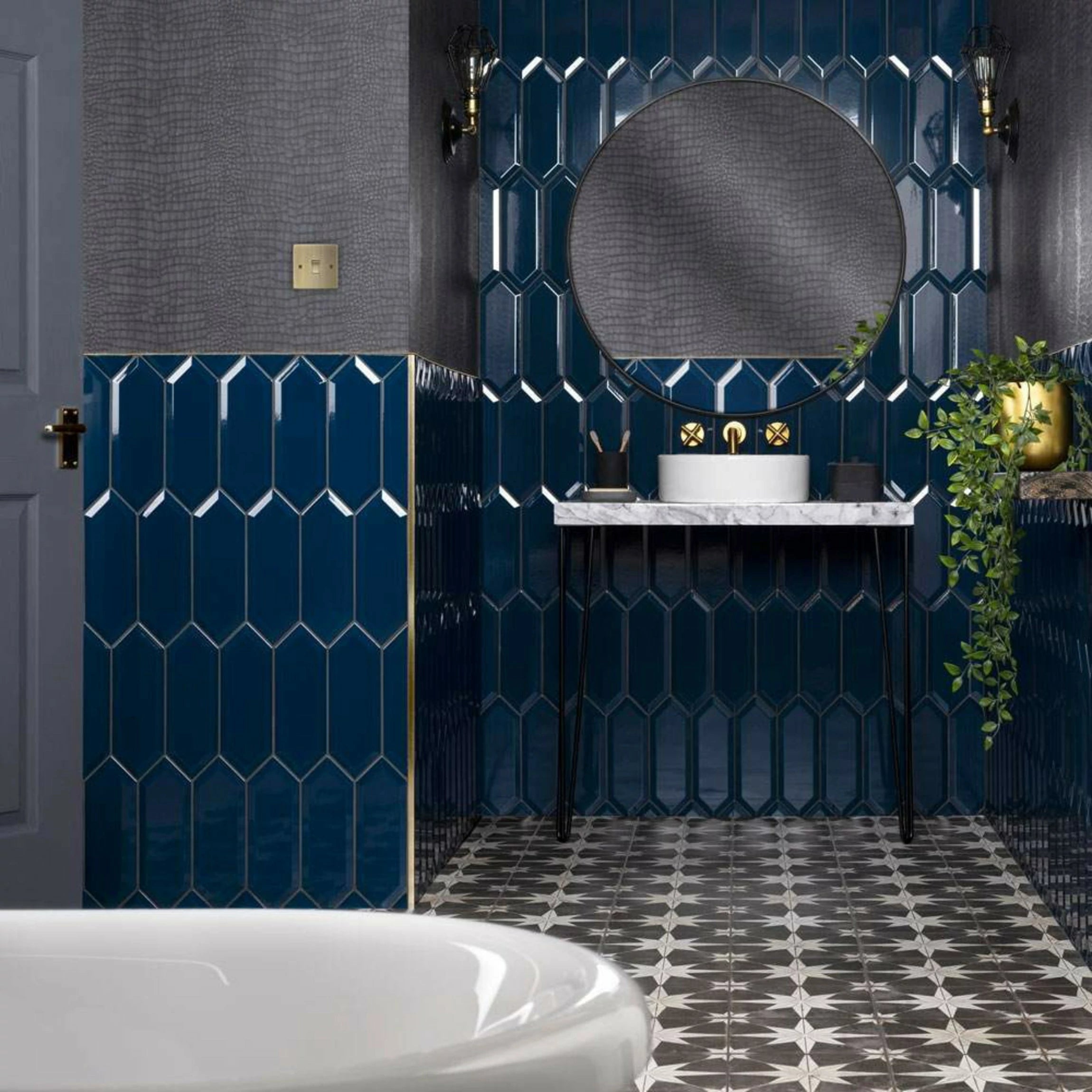 Modern bathroom with blue hexagonal tiles