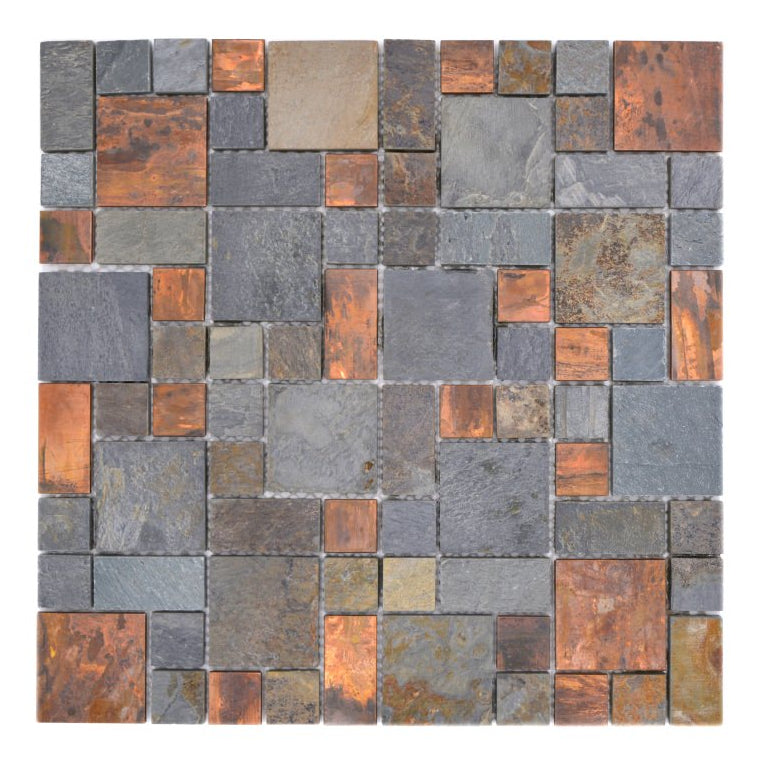 30x30cm copper and slate wall mosaic with mixed stone pieces in gunmetal, ash grey and burnt bronze tones