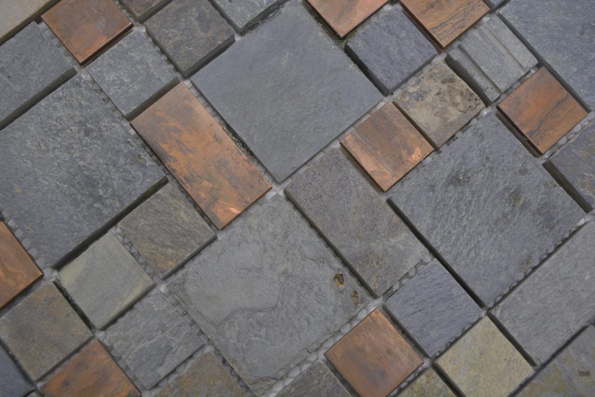 Close-up of Copper & Slate mosaic tile showing textured slate surfaces and weathered copper accents