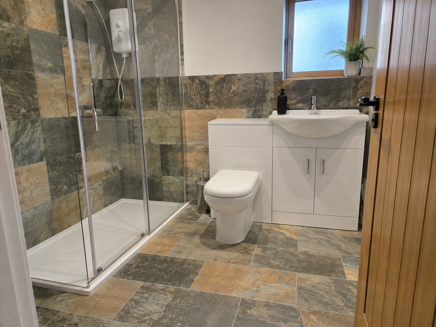 Country Farmhouse Multicolour Slate Effect Porcelain Tile 60x30cm installed on bathroom floor and shower walls with realistic riven stone texture