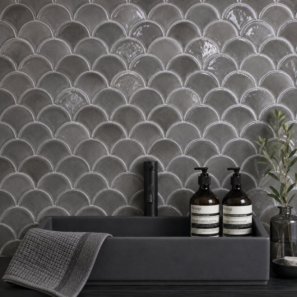 Ultra gloss grey fan mosaic splashback 