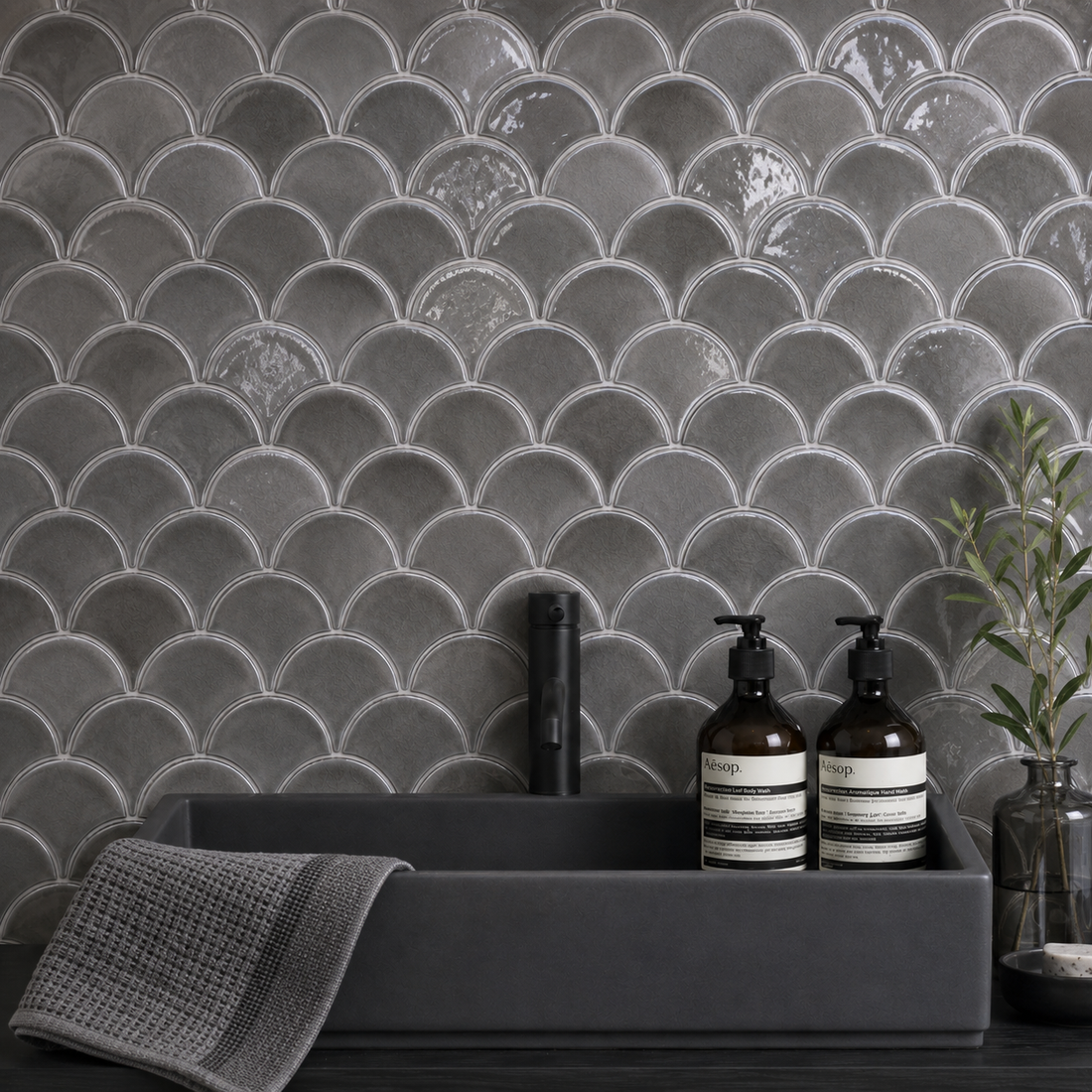 Ultra gloss grey fan mosaic splashback 
