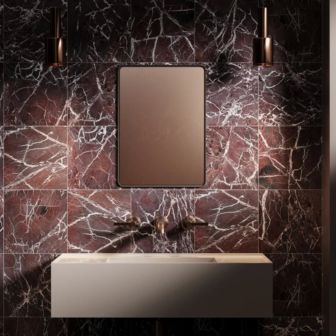 red honed white veined marble tile 