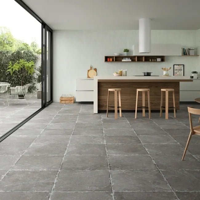 Rustic dark grey floor tiles 