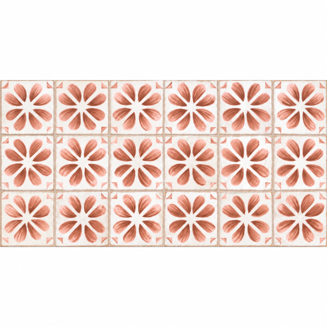 Dakota Flora Port tile face showing three rows of eight-petal rose motifs on off-white square panels.