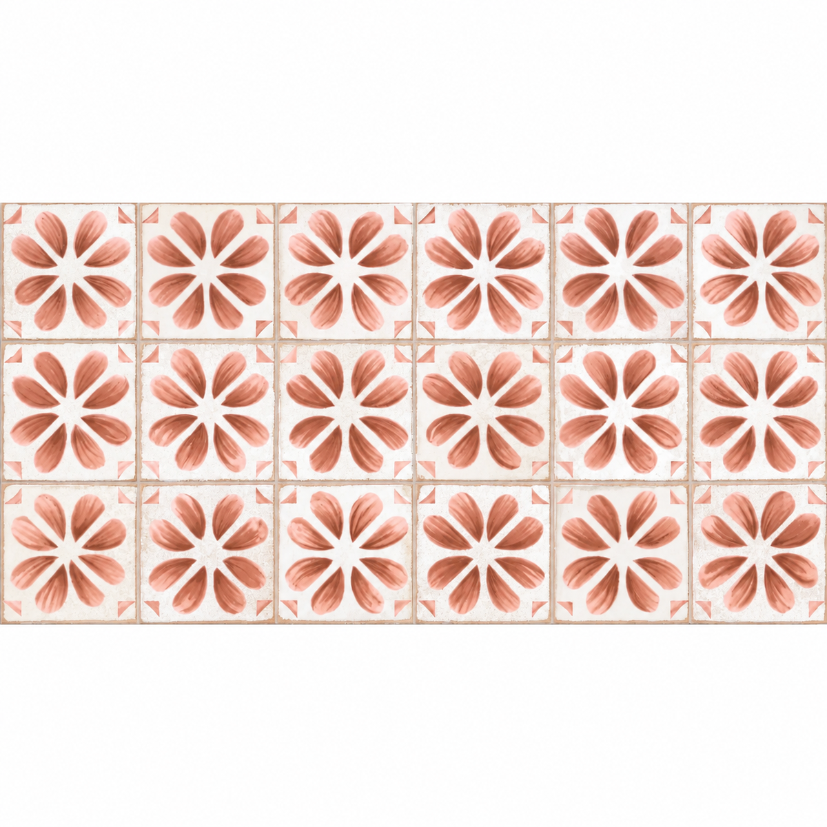 Dakota Flora Port tile face showing three rows of eight-petal rose motifs on off-white square panels.